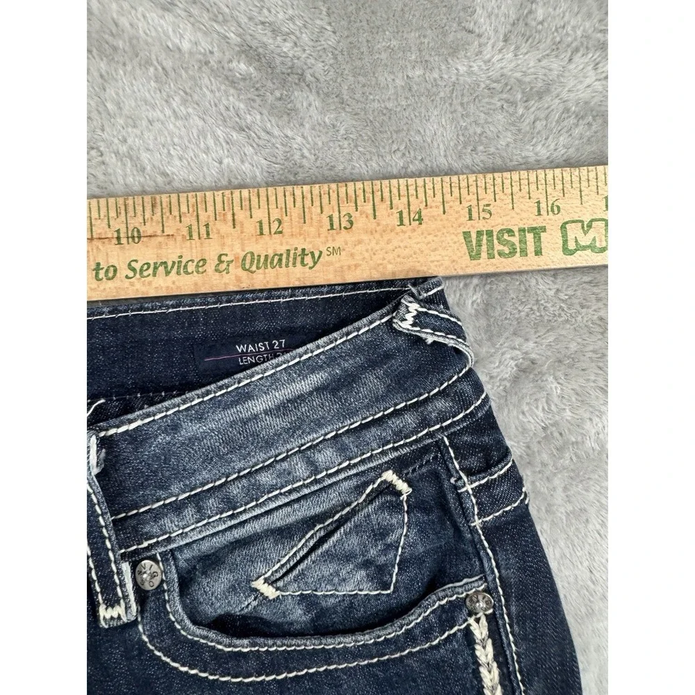 Vigoss Capri Jeans Womens W27 L21 Dublin Thick Stitch Embellished Whiskered Blue